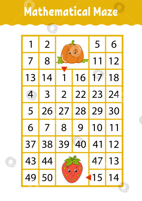 Скачать Математический лабиринт. Игра для детей. Забавный лабиринт. Развивающий лист для обучения. Страница с упражнениями. Головоломка для детей. Милый мультяшный стиль. Загадка для дошкольников. Логическая головоломка. Цветная векторная иллюстрация. фотосток Ozero
