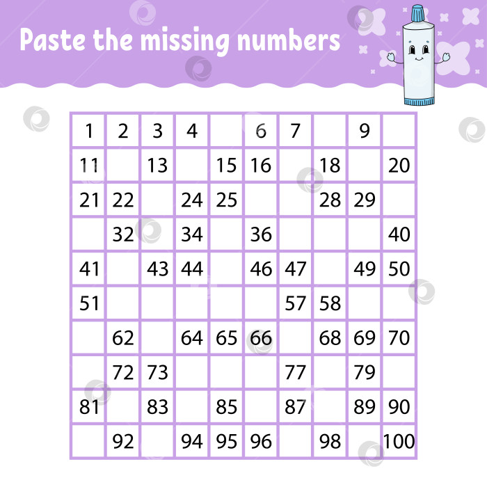 Скачать Вставьте пропущенные цифры. Тренируйте почерк. Учим цифры для детей. Развивающий лист для обучения. Страница с упражнениями. Игра для детей. Изолированная векторная иллюстрация в милом мультяшном стиле. фотосток Ozero