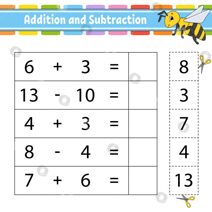 Скачать Сложение и вычитание. Задание для детей. Развивающий лист для обучения. Страница с упражнениями. Игра для детей. Забавный персонаж. Изолированная векторная иллюстрация. Мультяшный стиль. фотосток Ozero