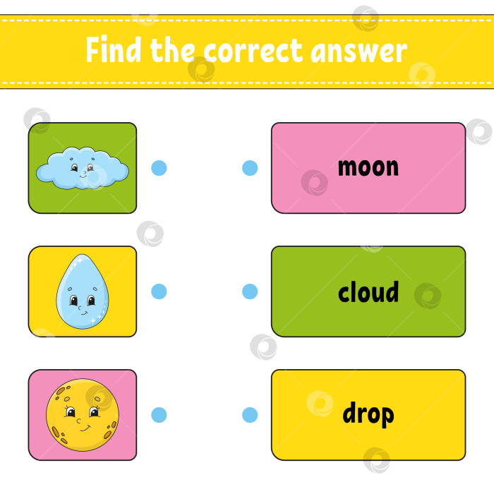 Скачать Найдите правильный ответ. Проведите линию. Учим слова. Развивающий лист для обучения. Страница с упражнениями для изучения английского языка. Игра для детей. Забавный персонаж. Изолированная векторная иллюстрация. Мультяшный стиль. фотосток Ozero