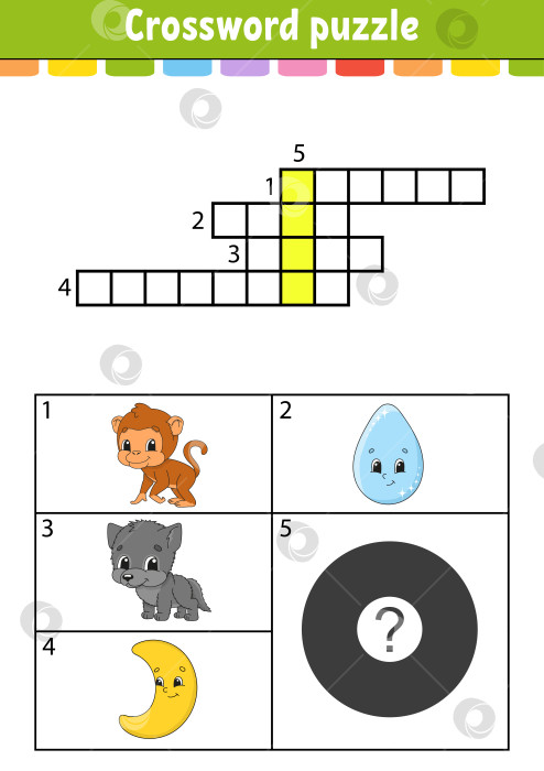 Скачать Кроссворд. Развивающий лист для обучения. Страница с заданиями для изучения английского языка. С цветными картинками. Игра для детей. Изолированная векторная иллюстрация. Забавный персонаж. Мультяшный стиль. фотосток Ozero