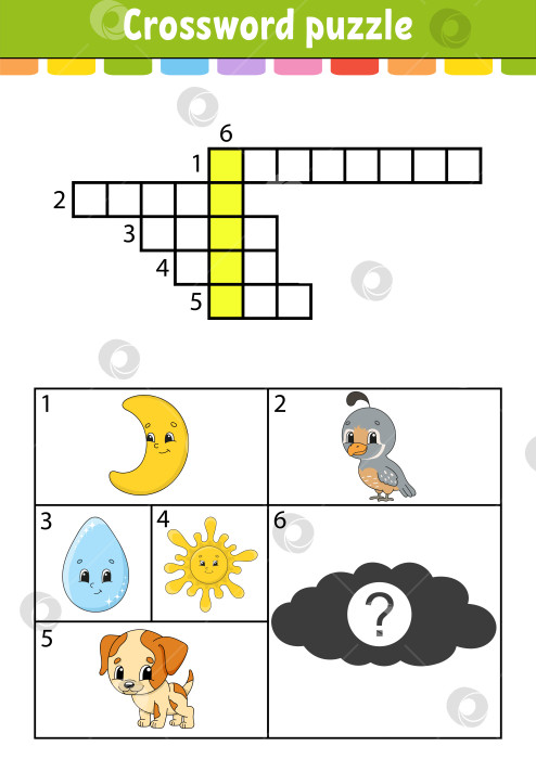 Скачать Кроссворд. Развивающий лист для обучения. Страница с заданиями для изучения английского языка. С цветными картинками. Игра для детей. Изолированная векторная иллюстрация. Забавный персонаж. Мультяшный стиль. фотосток Ozero