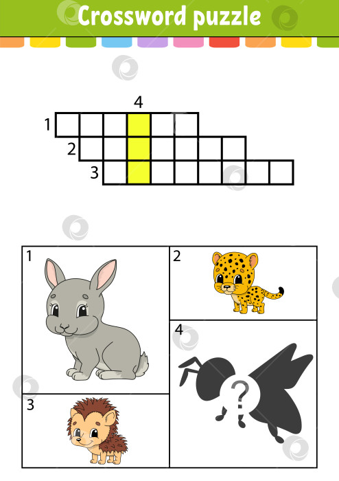Скачать Кроссворд. Развивающий лист для обучения. Страница с заданиями для изучения английского языка. С цветными картинками. Игра для детей. Изолированная векторная иллюстрация. Забавный персонаж. Мультяшный стиль. фотосток Ozero