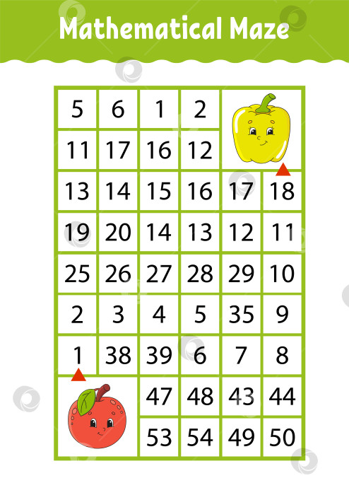 Скачать Математический лабиринт. Игра для детей. Забавный лабиринт. Развивающий лист для обучения. Страница с упражнениями. Головоломка для детей. Милый мультяшный стиль. Загадка для дошкольников. Логическая головоломка. Цветная векторная иллюстрация. фотосток Ozero