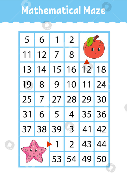 Скачать Математический лабиринт. Игра для детей. Забавный лабиринт. Развивающий лист для обучения. Страница с упражнениями. Головоломка для детей. Милый мультяшный стиль. Загадка для дошкольников. Логическая головоломка. Цветная векторная иллюстрация. фотосток Ozero
