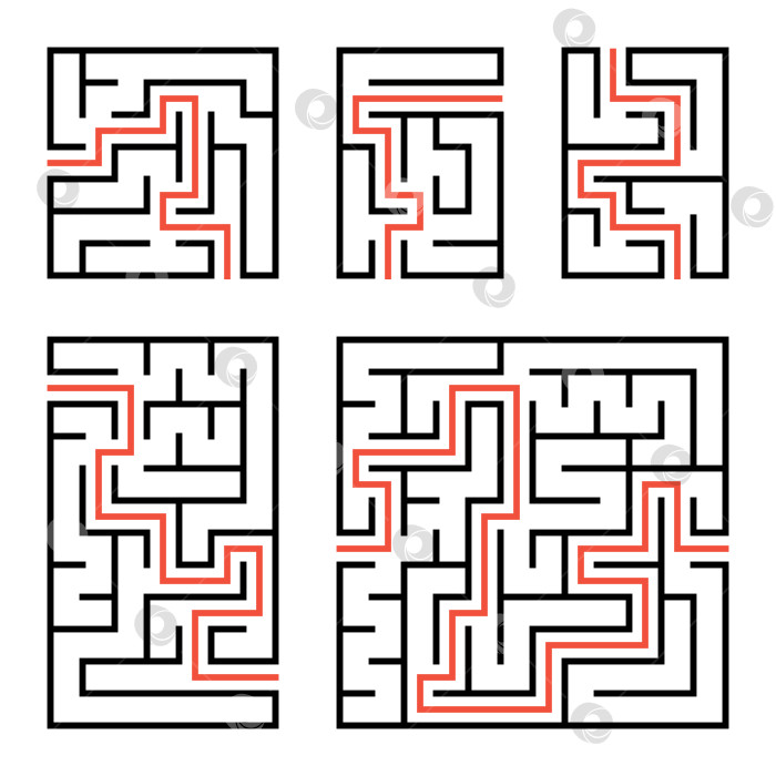 Скачать Набор квадратных и прямоугольных лабиринтов с входом и выходом. Простая плоская векторная иллюстрация, выделенная на белом фоне. С ответом. фотосток Ozero