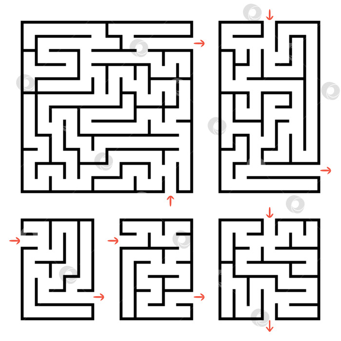 Скачать Набор квадратных и прямоугольных лабиринтов с входом и выходом. Простая плоская векторная иллюстрация, выделенная на белом фоне. фотосток Ozero