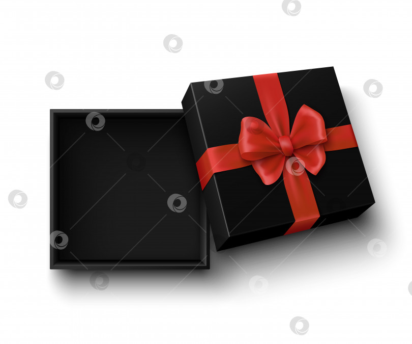 Скачать Черная открытая подарочная коробка с красным бантом на белом фоне. Упаковка с лентой. фотосток Ozero