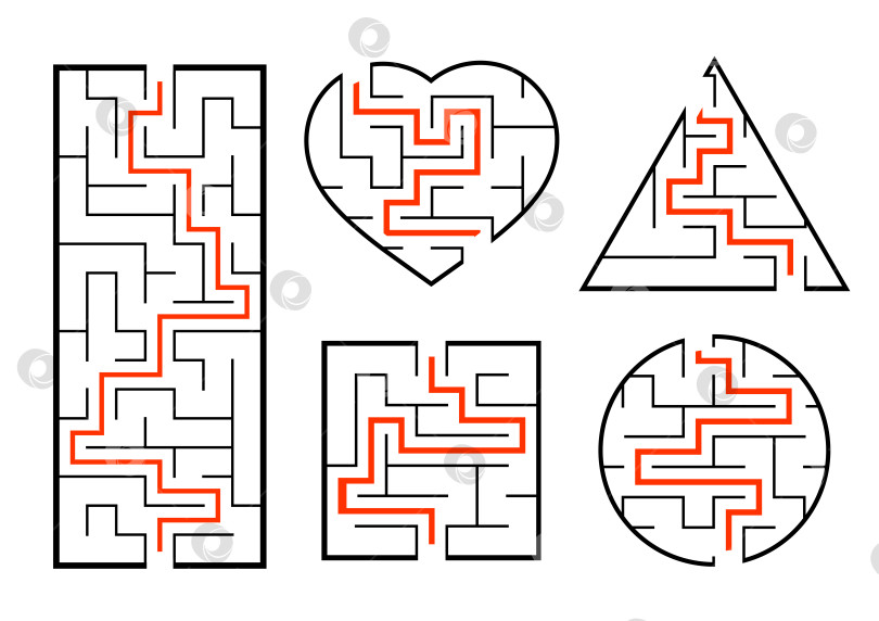 Скачать Набор лабиринтов. Игра для детей. Головоломка для детей. Головоломка-лабиринт. Найди правильный путь. Векторная иллюстрация. фотосток Ozero