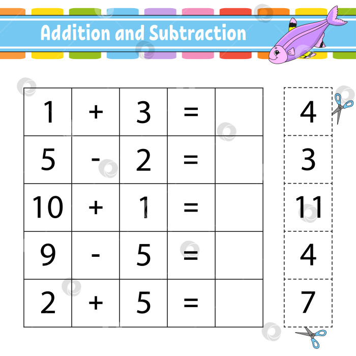 Скачать Сложение и вычитание. Задание для детей. Развивающий лист для обучения. Страница с упражнениями. Игра для детей. Забавный персонаж. Изолированная векторная иллюстрация. Мультяшный стиль. фотосток Ozero