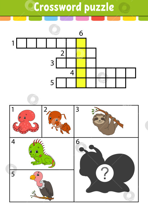 Скачать Кроссворд. Развивающий лист для обучения. Страница с заданиями для изучения английского языка. С цветными картинками. Игра для детей. Изолированная векторная иллюстрация. Забавный персонаж. Мультяшный стиль. фотосток Ozero