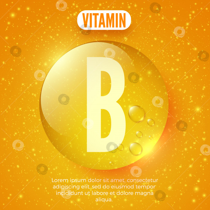 Скачать Дизайн упаковки для комплекса витаминов группы В. Блестящая золотистая круглая капля. фотосток Ozero