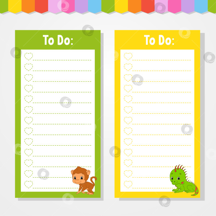 Скачать Список дел для детей. Пустой шаблон. Изолированная цветная векторная иллюстрация. Забавный персонаж. Мультяшный стиль. Для дневника, записной книжки, закладки. фотосток Ozero