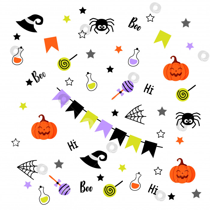 Скачать Детский набор Happy Halloween с милыми элементами дизайна. Коллекция для малыша: леденец на палочке, тыква, цветы. Идеально подходит для открыток, плакатов, тканей, текстиля, принтов, юбилеев, приглашений, осенних вечеринок. фотосток Ozero