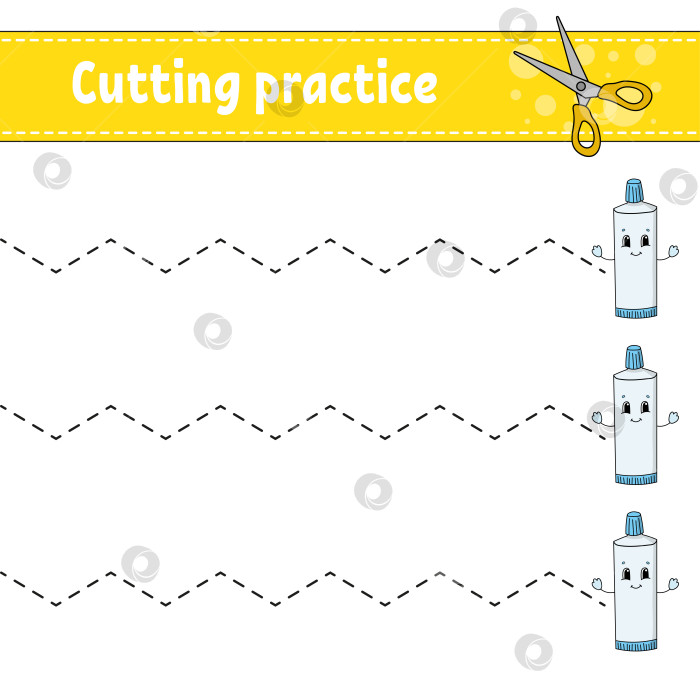 Скачать Практика вырезания для детей. Развивающий лист для обучения. Страница с картинками. Игра для детей. Изолированная векторная иллюстрация. Забавный персонаж. Мультяшный стиль. фотосток Ozero