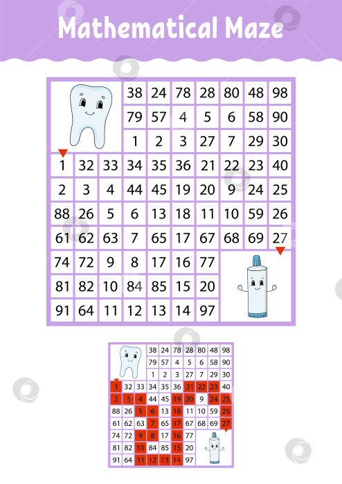 Скачать Математический лабиринт. Игра для детей. Забавный лабиринт. Развивающий лист для обучения. Страница с упражнениями. Головоломка для детей. Мультяшный стиль. Загадка для дошкольников. Цветная векторная иллюстрация фотосток Ozero