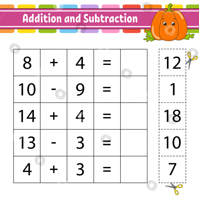 Скачать Сложение и вычитание. Задание для детей. Развивающий лист для обучения. Страница с упражнениями. Игра для детей. Забавный персонаж. Изолированная векторная иллюстрация. Мультяшный стиль. фотосток Ozero