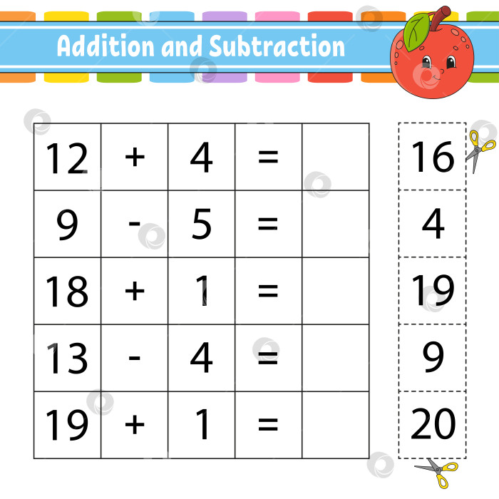 Скачать Сложение и вычитание. Задание для детей. Развивающий лист для обучения. Страница с упражнениями. Игра для детей. Забавный персонаж. Изолированная векторная иллюстрация. Мультяшный стиль. фотосток Ozero
