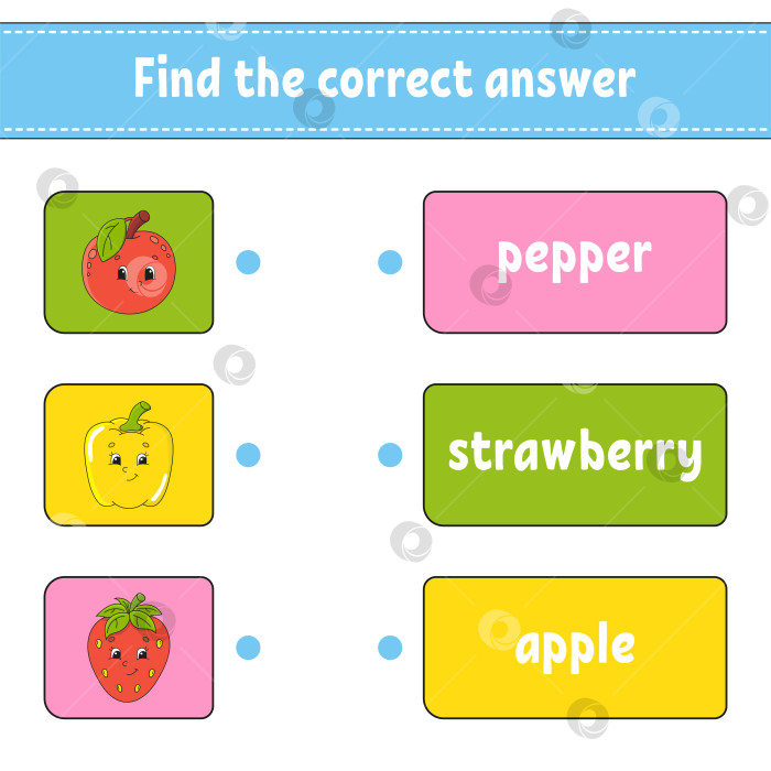 Скачать Найдите правильный ответ. Проведите линию. Учим слова. Развивающий лист для обучения. Страница с упражнениями для изучения английского языка. Игра для детей. Забавный персонаж. Изолированная векторная иллюстрация. Мультяшный стиль. фотосток Ozero