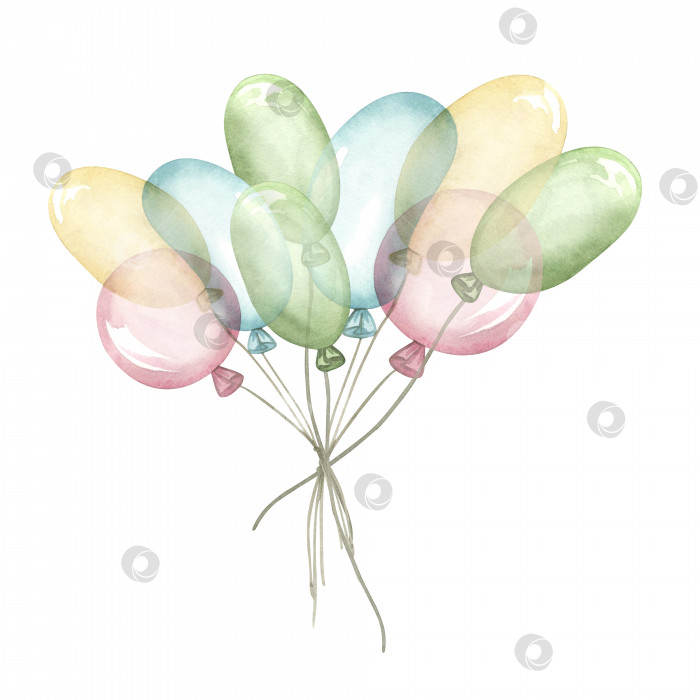 Скачать Акварельная иллюстрация - Воздушные шары. Рисованная иллюстрация для поздравительных открыток, приглашений, празднования вечеринки, с днем рождения, душа ребенка, новорожденного. изолированный элемент фотосток Ozero