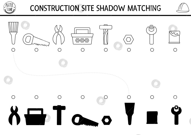 Скачать Работа по подбору черно-белых теней на строительной площадке с использованием инструментов. Головоломка "Строительные работы" или раскраска. Найдите подходящий силуэтный лист для печати или игру для детей фотосток Ozero