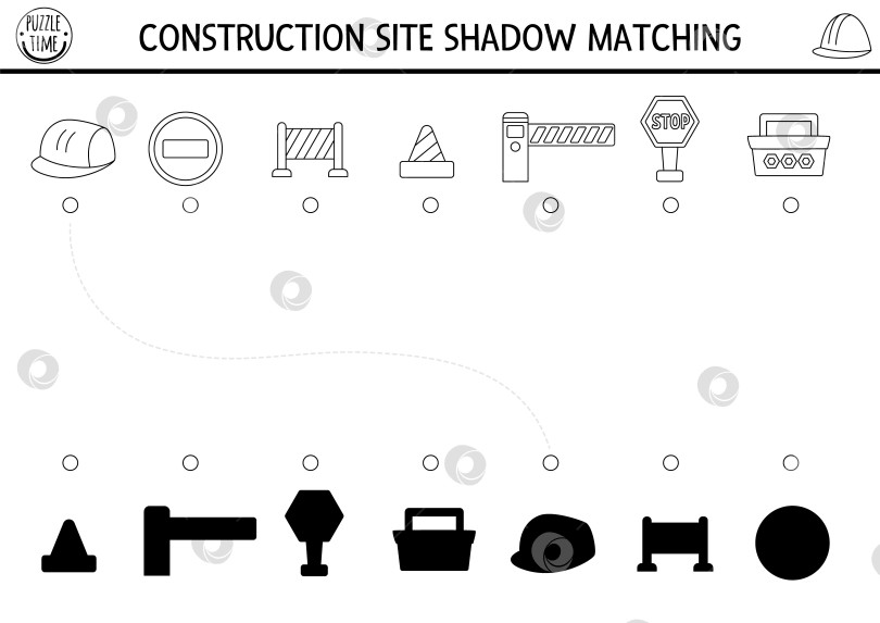 Скачать Задание по подбору черно-белых теней на строительной площадке с традиционными символами. Головоломка "Строительные работы" или раскраска. Найдите правильный силуэт на листе для печати или в игре для детей фотосток Ozero
