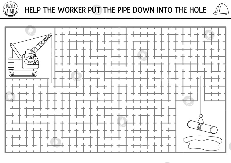 Скачать Черно-белый геометрический лабиринт на строительной площадке для детей с дорожным рабочим и автомобилем. Задание для печати на строительном материале. Игра-лабиринт, головоломка или раскраска с гусеничным краном, укладывающим трубы фотосток Ozero