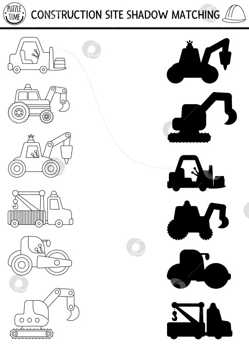 Скачать Строительная площадка, совмещающая черно-белые тени со специальным транспортом. Пазл "Строительные работы", раскраска с экскаватором, бульдозером. Найдите правильный силуэт на листе для печати фотосток Ozero