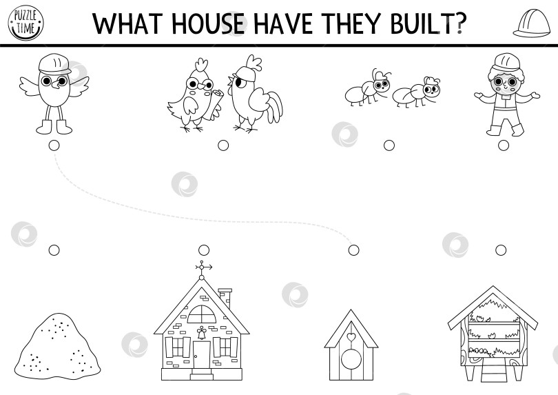 Скачать Задание по подбору черно-белых рисунков на строительной площадке с животными-строителями и домами. Головоломка "Строительные работы". Игра "Подбери объекты", лист для печати. Раскраска "Ремонтные услуги" фотосток Ozero