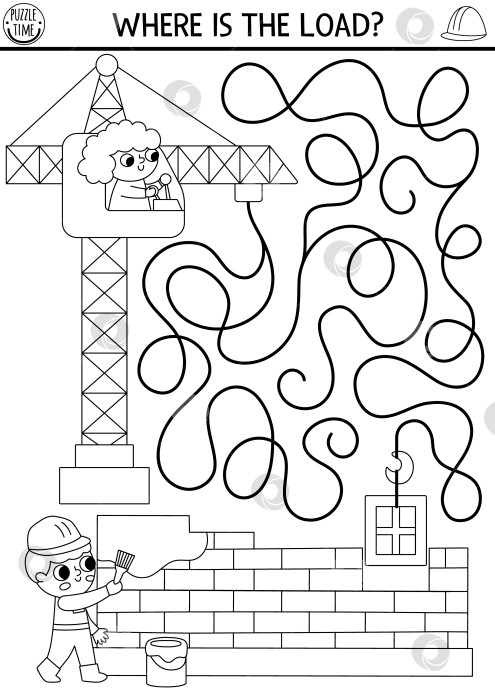 Скачать Черно-белый лабиринт на строительной площадке для детей с подъемным краном, опускающим окно, строитель. Строительные работы для дошкольников, игра-лабиринт, головоломка или раскраска. фотосток Ozero