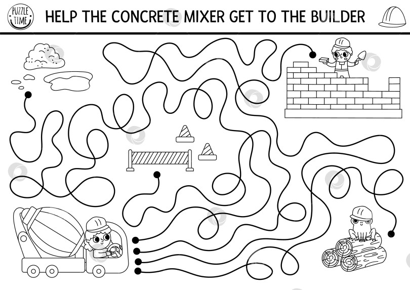 Скачать Черно-белый лабиринт для детей на строительной площадке. Помогите бетономешалке добраться до дома для рабочих. Строительные работы для дошкольного учреждения. Игра-лабиринт для ремонта, головоломка, раскраска фотосток Ozero