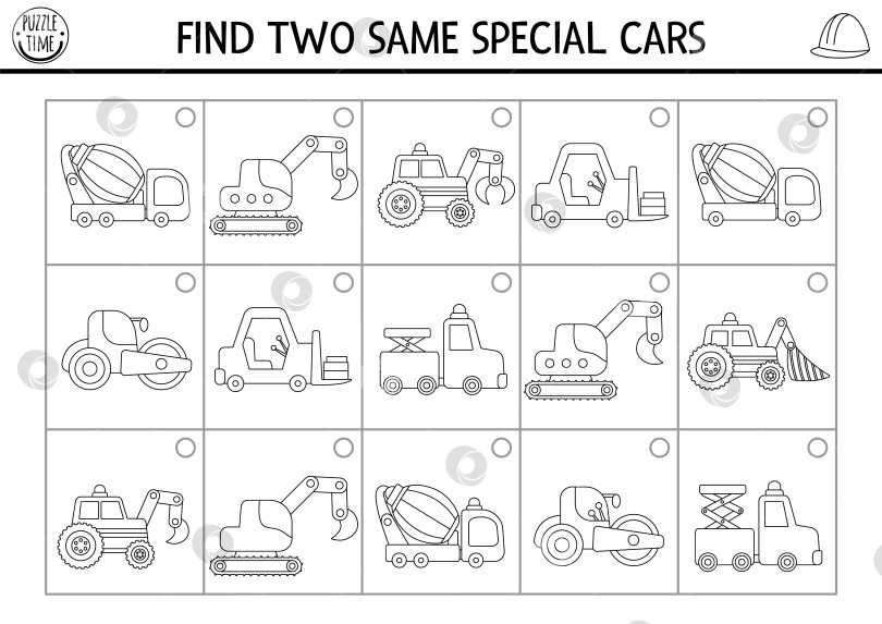 Скачать Найдите две одинаковые специальные машинки. Задание по подбору черно-белых цветов на строительной площадке. Рабочая тетрадь-викторина по строительным работам для детей. Простая игра для печати, раскраска с транспортными средствами фотосток Ozero