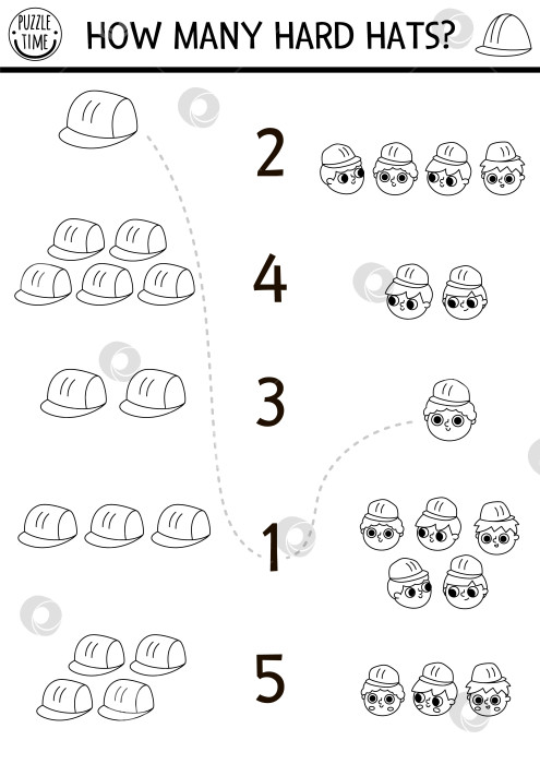 Скачать Собери числа в черно-белую игру на стройплощадке со строителями в каске. Математическое занятие для детей "Строительные работы". Учебная таблица для счета в ремонтных службах, раскраска со шлемом. фотосток Ozero