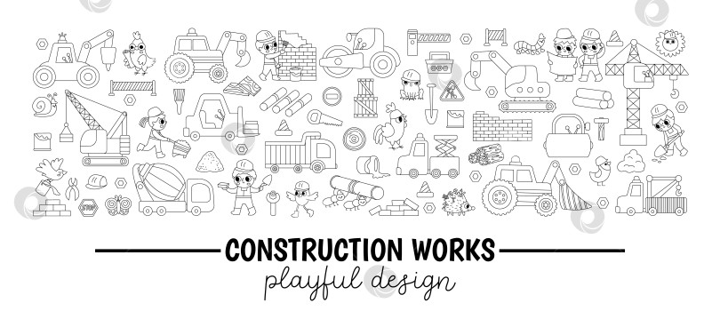 Скачать Векторная черно-белая горизонтальная граница строительной площадки с изображением детей-строителей, транспорта, подъемного крана. Дизайн шаблона карточки строительных работ для баннеров. Симпатичная иллюстрация линии ремонтных работ фотосток Ozero