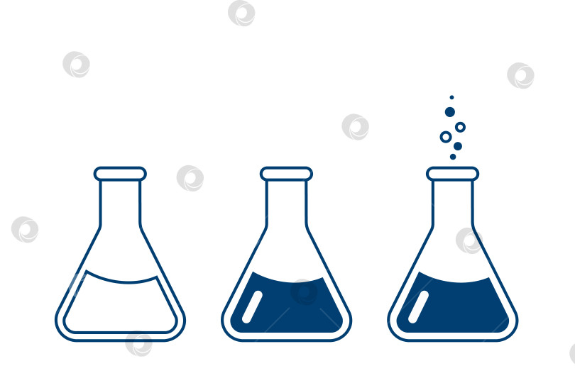 Скачать Круглая плоскодонная химическая колба с раствором. Лабораторная посуда для анализа, исследований. Химическая реакция. Иллюстрация на тему химии, биологии, биотехнологии. фотосток Ozero