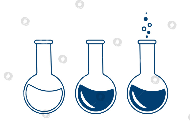 Скачать Круглая химическая колба с раствором. Лабораторная посуда для анализа, исследований. Химическая реакция. Иллюстрация на тему химии, биологии, биотехнологии. фотосток Ozero