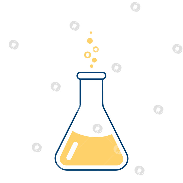 Скачать Круглая плоскодонная химическая колба с раствором. Лабораторная посуда для анализа, научных исследований. Химическая реакция. Иллюстрация на тему химии, биологии, биотехнологии. фотосток Ozero