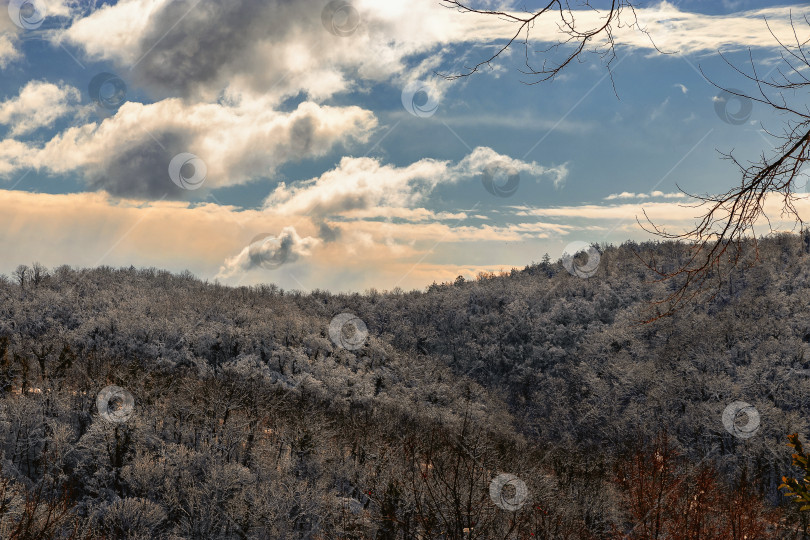 Скачать Заснеженный горный пейзаж под голубым небом зимой. фотосток Ozero