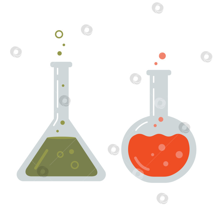 Скачать Две лабораторные пробирки, колбы. Прозрачная стеклянная посуда с химическими реактивами. Оборудование для экспериментов на уроках химии. Векторная иллюстрация, выделенная на белом плоском фоне фотосток Ozero
