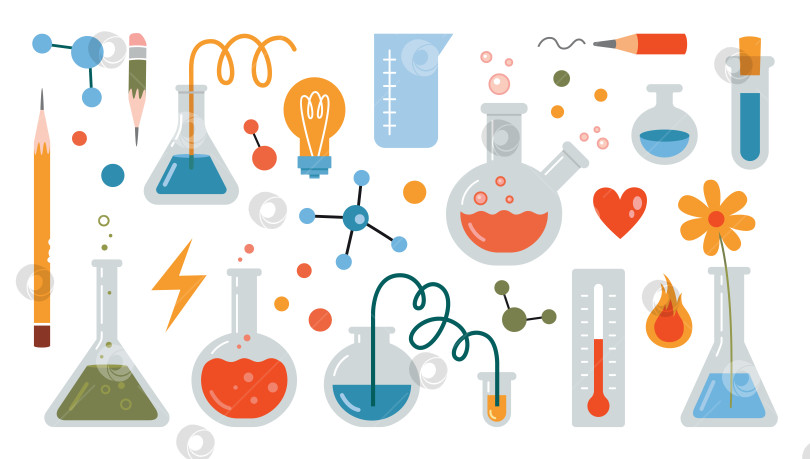 Скачать Набор лабораторного оборудования для уроков химии. Пробирка, колба, мензурка и другие лабораторные принадлежности для химии и медицины.  Векторная иллюстрация, выделенная на белом плоском фоне фотосток Ozero