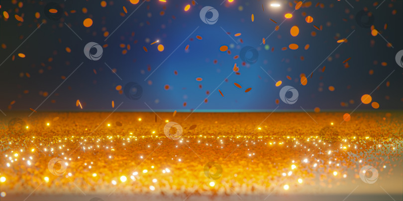 Скачать Новогодний праздничный фон, на полу много сверкающих блесток, синий фон, сверху падают золотые блестки. 3D-рендерер фотосток Ozero