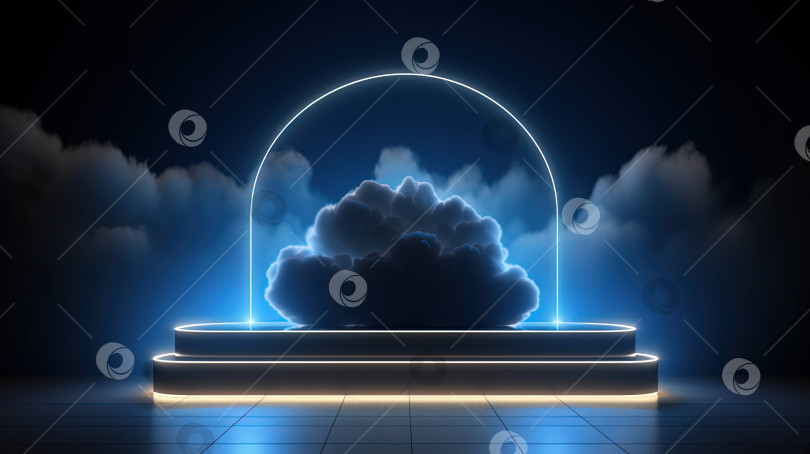 Скачать Неоновая арка в комнате с темно-синими огнями и облаками. Абстрактный фон для сцены вечеринки или демонстрации товаров. Сгенерированный искусственный интеллект. фотосток Ozero