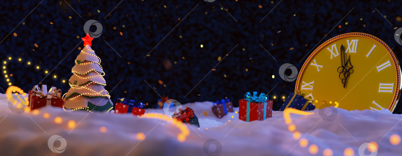 Скачать Нарядная рождественская елка с красной звездой и гирляндами стоит на снегу, а рядом с ней на снегу лежат подарки. Золотые часы, бой курантов отсчитывает последние минуты до Нового года, 3D фотосток Ozero