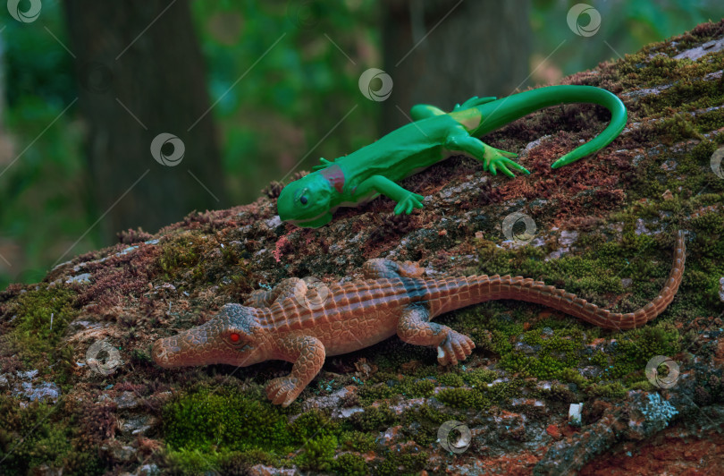 Скачать Игрушечные ящерица и крокодил на бревне, покрытом зеленым мхом. Аллигатор коричневого цвета zvthea, варан ярко-зеленого цвета фотосток Ozero