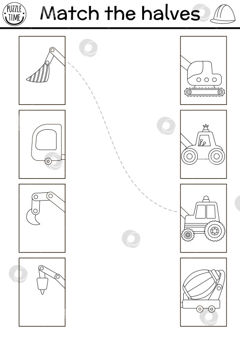 Скачать На строительной площадке черным по белому соедините половинки листа.  Комбинационная игра "Строительные работы" с бульдозером, бетономешалкой, грузовиком, трактором. Сопоставьте заднее и переднее действие или раскраску фотосток Ozero