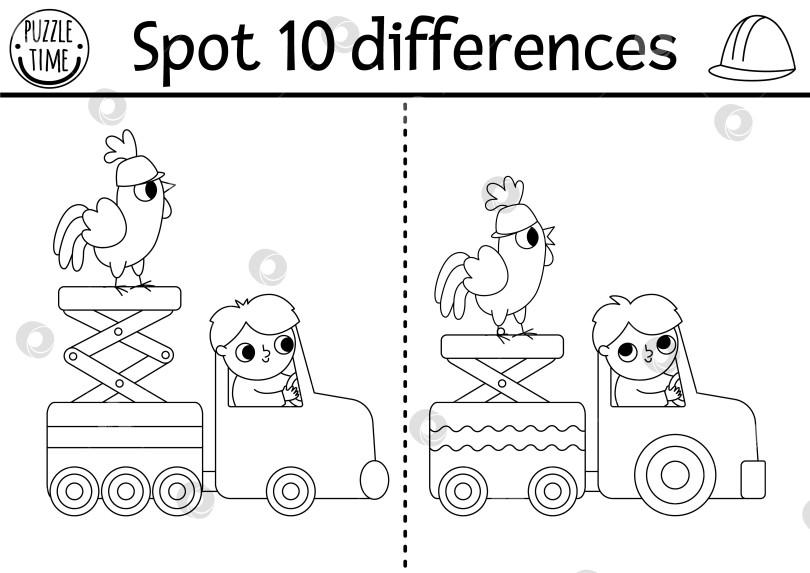 Скачать Черно-белая игра "Найди отличия" для детей. Развивающее занятие на строительной площадке с мальчиком-водителем в автовышке. Симпатичная головоломка-раскраска для детей с рабочим. Рабочий лист для печати с изображением автомобиля фотосток Ozero
