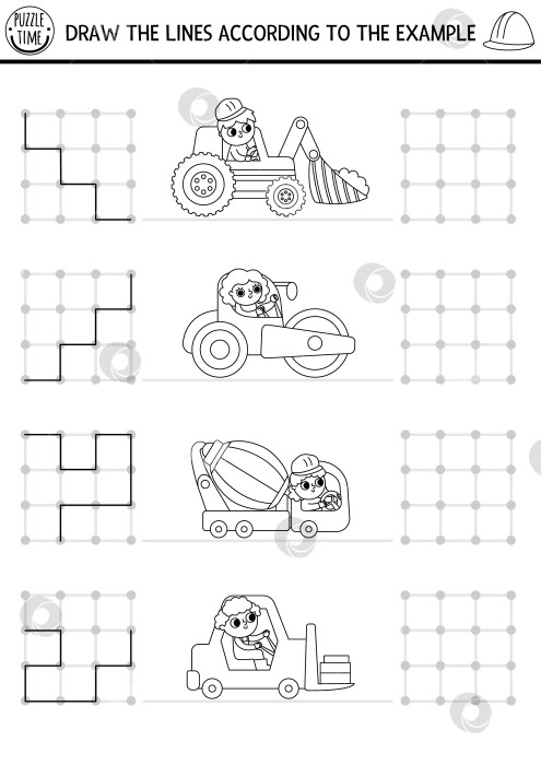 Скачать Занятия по рисованию, письму и обводке на строительной площадке в черно-белом цвете для детей со специальными грузовиками. Нарисуйте линии в квадратной рамке в соответствии с приведенным примером. Занятия, игры или раскраски для дошкольников. фотосток Ozero