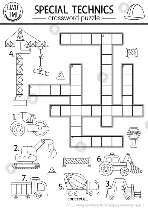 Скачать Векторный черно-белый кроссворд на строительной площадке для детей. Раскраска, викторина с автомобилем, грузовиком, экскаватором, бульдозером, подъемным краном. Симпатичное образовательное упражнение с кроссвордами с промышленными транспортными средствами фотосток Ozero