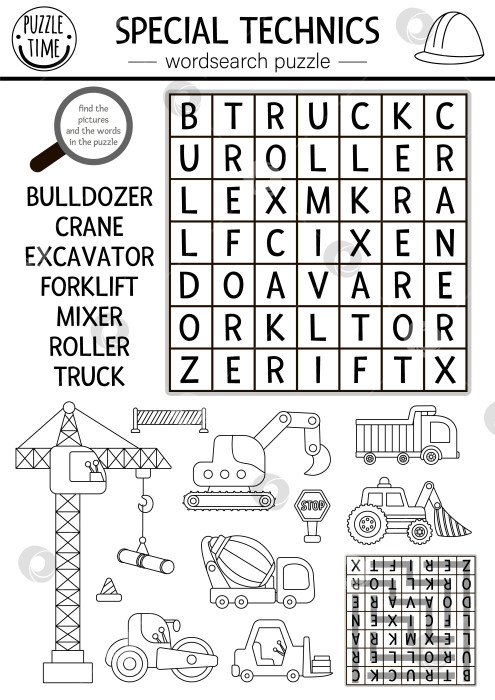 Скачать Векторная черно-белая головоломка для поиска слов на строительной площадке для детей. Викторина по поиску слов с участием автомобиля, экскаватора, бульдозера, подъемного крана. Образовательная игра с кроссвордами, раскраска с промышленным транспортным средством фотосток Ozero