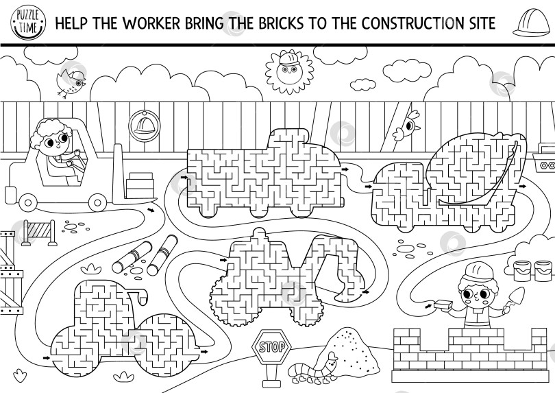 Скачать Черно-белые геометрические лабиринты на строительной площадке для детей с индустриальным пейзажем, лабиринты в форме грузовиков. Задания для печати на строительных работах. Игра-раскраска "Ремонтные услуги" фотосток Ozero